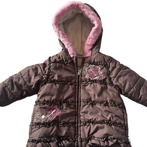 Bon Bébé Brown Pink Puffer Coat Baby Girl Butterfly Embroidered Hooded 12M